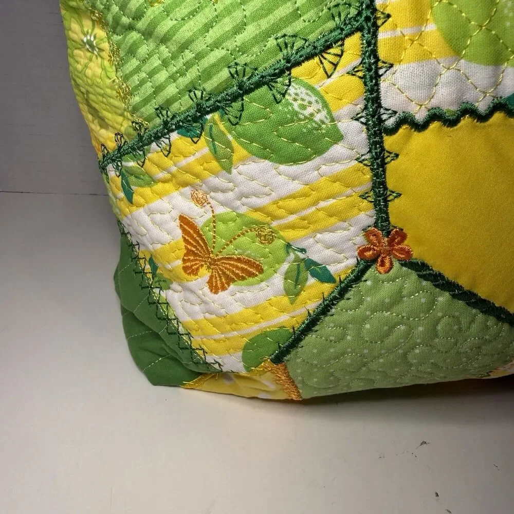 Handmade Quilted Lemon Patchwork Tote Bag Cottagecore Farmer Market Shoulder Bag